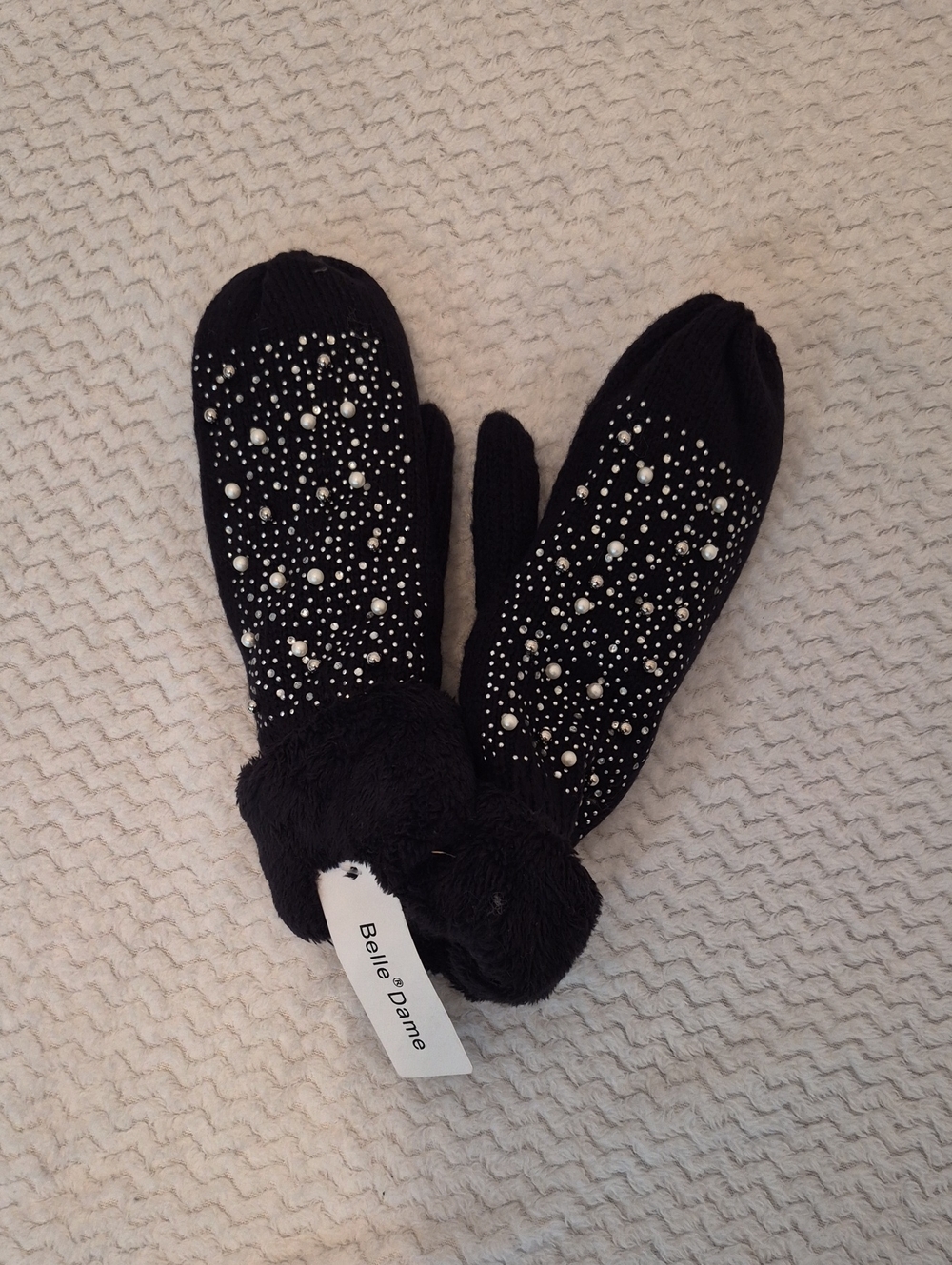 Black Pearl-Embellished Knit Mittens